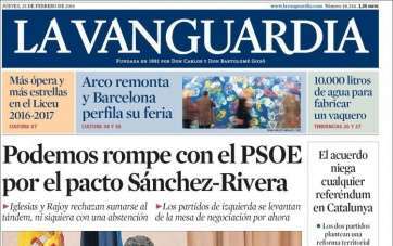 Portada del periódico La Vanguardia de este jueves 25 de febrero de 2016 (Foto TA)