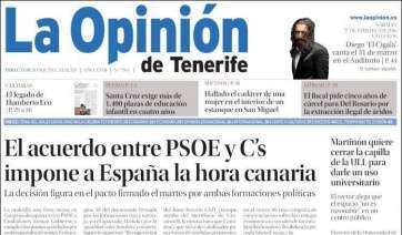 Portada del periódico La Opinión de Tenerife de este sábado 27 de febrero de 2016 (Foto TA)