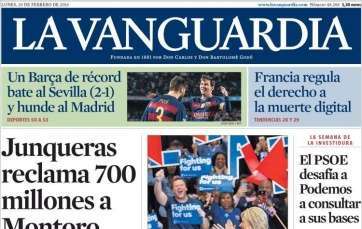 Portada del periódico La Vanguardia de este lunes 29 de febrero de 2016 (Foto TA)