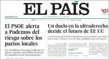 Portada del periódico El País de este lunes 6 de marzo (Foto TA)