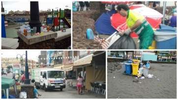 Basura y labores de limpieza en Melenara, este domingo (Foto TA)