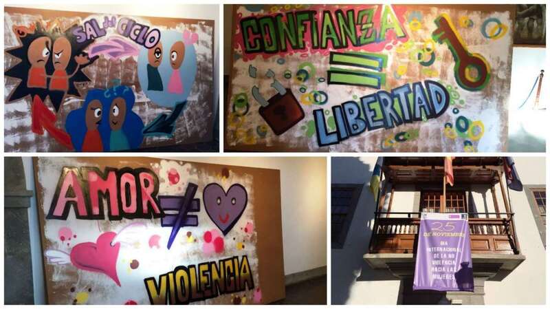 Tres cartelones de madera con mensajes contra la violencia machista (Foto TA)