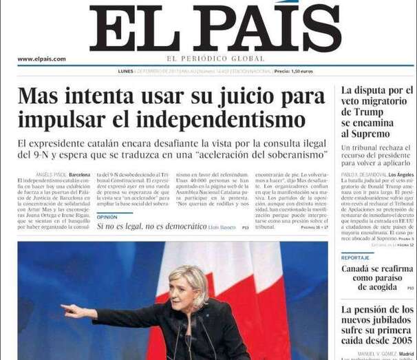 Portada del periódico El País de este 6 de febrero de 2017