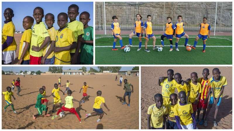 En la foto superior de la derecha los niños teldenses Javi, Jorge, Iker, Adriel, Neysan y Acoidán y en las otras los niños del Senegal con sus nuevos unformes (Fotos cedidas por .Alfredo Cáliz y C7)