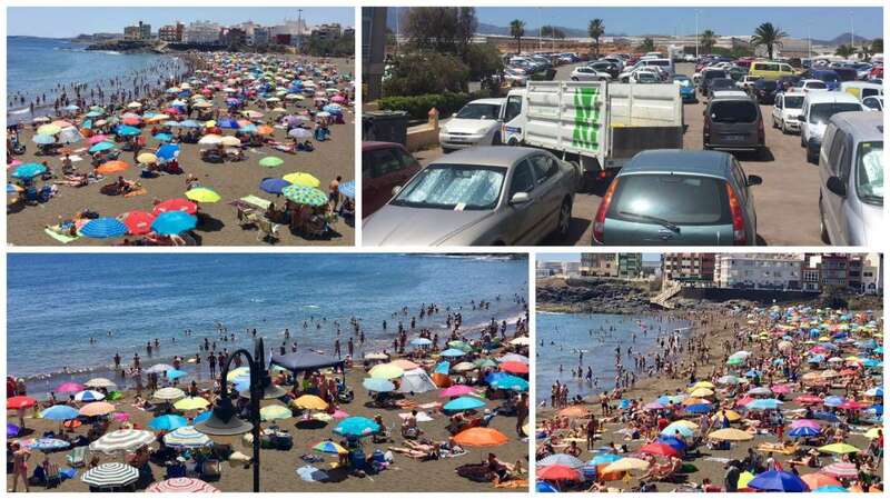 La playa de Melenara a tope de gente y un camión del servicio de limpieza en la zona (Foto TA)