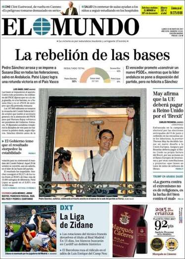 Portada del periódico de El Mundo de este 22 de mayo de 2017 (Foto TA)