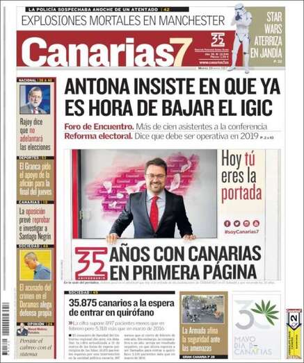 Portada del periódico de Canarias7 de este 23 de mayo de 2017 (Foto TA)