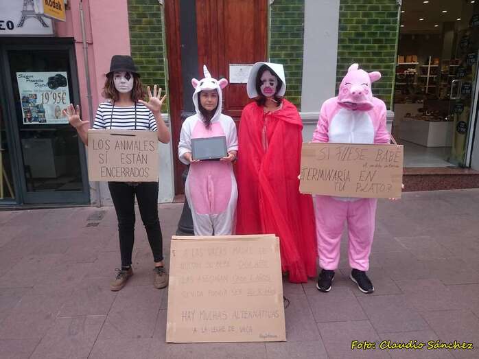 Los cuatro jóvenes en la Avenida de la Constitución con pancartas y tabletas electrónicas (Foto Claudio Sánchez)