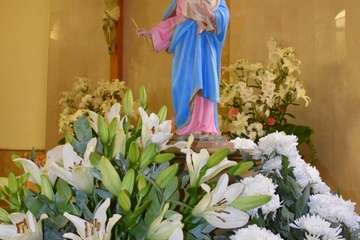 Talla pequeña de María Auxiliadora que participará en la procesión del Rosario de la Aurora con una ornamentación floral a cargo de Segundo Amador (Foto Francisco Javier Santana)