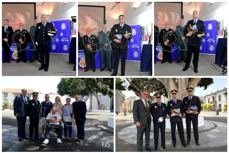 En la parte superior, los tres agentes condecorados por la Policía Nacional y debajo el oficial Florido que recibió la cruz al Mérito Policial (Foto TA)