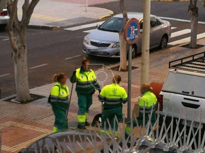 Cuatro trabajadoras de Limpieza Viaria, esta mañana en Salinetas, sin protección y sin guardar las distancias obligatorias (Foto TA)