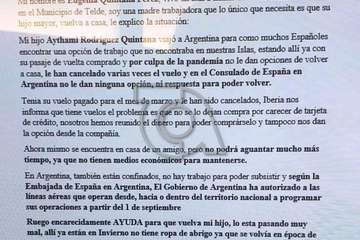 El teldense Aythami Rodríguez se manifiesta en Argentina para exigir su regreso a España (Foto TA)