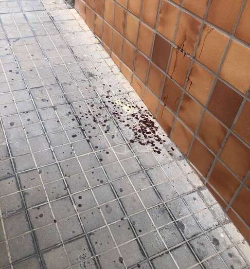 Sangre en la acera y parte inferior de la fachada de un inmueble/TA.