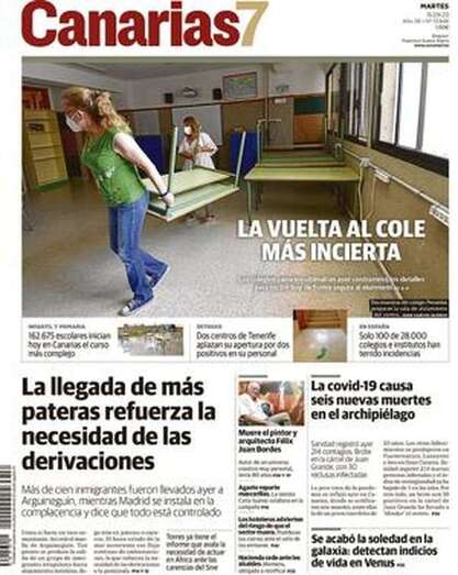 Portada del diario Canarias7 para este martes, 15 de septiembre (Foto TA)