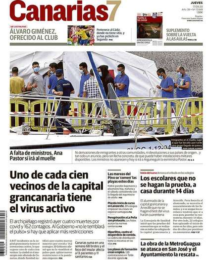 Portada del diario Canarias7 de este jueves (Foto TA)