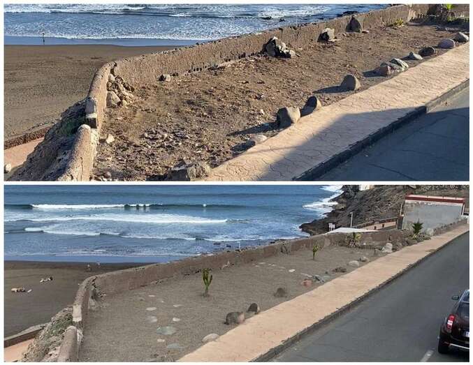 Imagen del jardín antes y tras la limpieza (Foto TA)