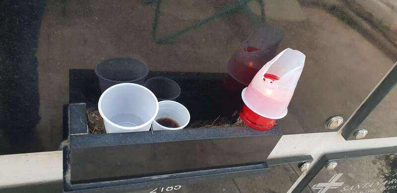 Dos recipientes con líquidos y una vela cubierta por un vaso (Foto TA)