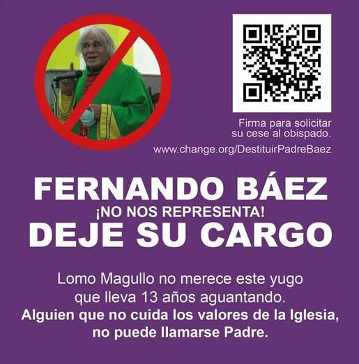 Cartel de la campaña de recogida de firma para solicitar al Obispado que aparte a Báez de la Iglesia/TA.