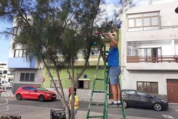 Trabajos de colocación y encendido de la iluminación navideña en la Plaza de los Pinos/TA.