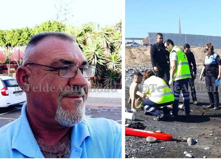 Miguel Ángel Santana y policías locales y nacionales atienden en la orilla al joven que logró sobrevivir a la tragedia (Foto TA)