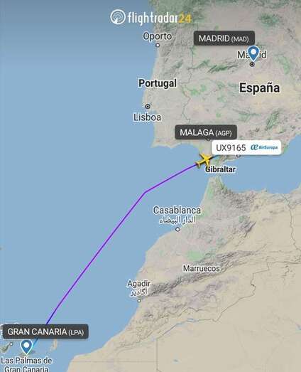 Imagen del desvío de la ruta del avión/Controladores Aéreos.