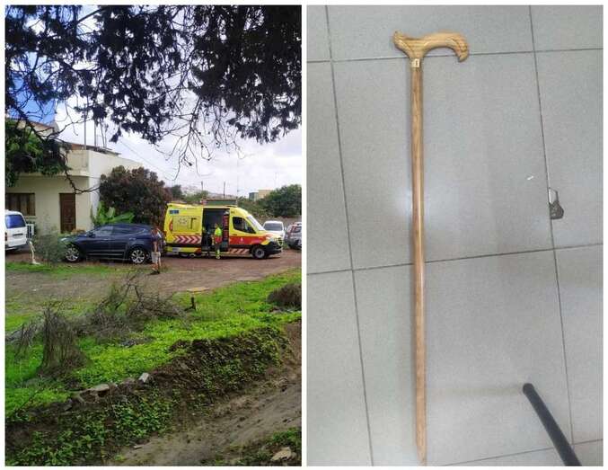 Ambulancia del SUC en el lugar del suceso y bastón utilizado para la agresión/PLLPGC.