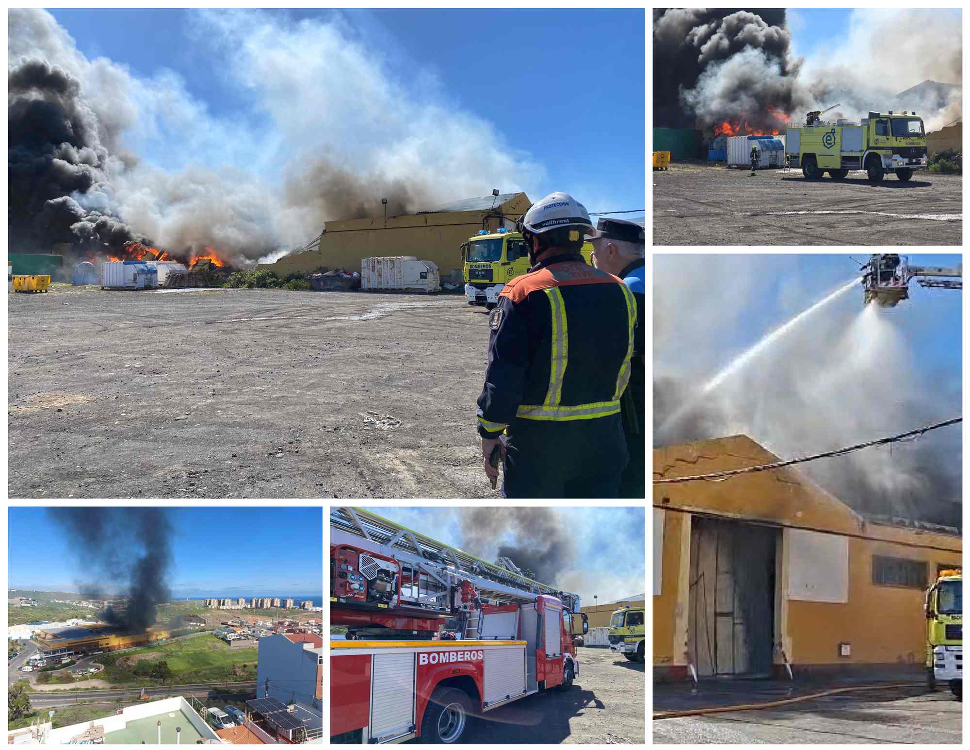Última Hora: Las llamas provocan el colapso del techo y muros de la nave incendiada en Telde
