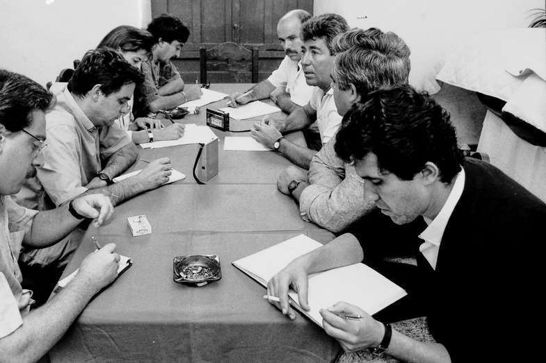 Antonio Mu&ntilde;oz, el primero por la derecha, en una rueda de prensa en Telde/Archivo TA.