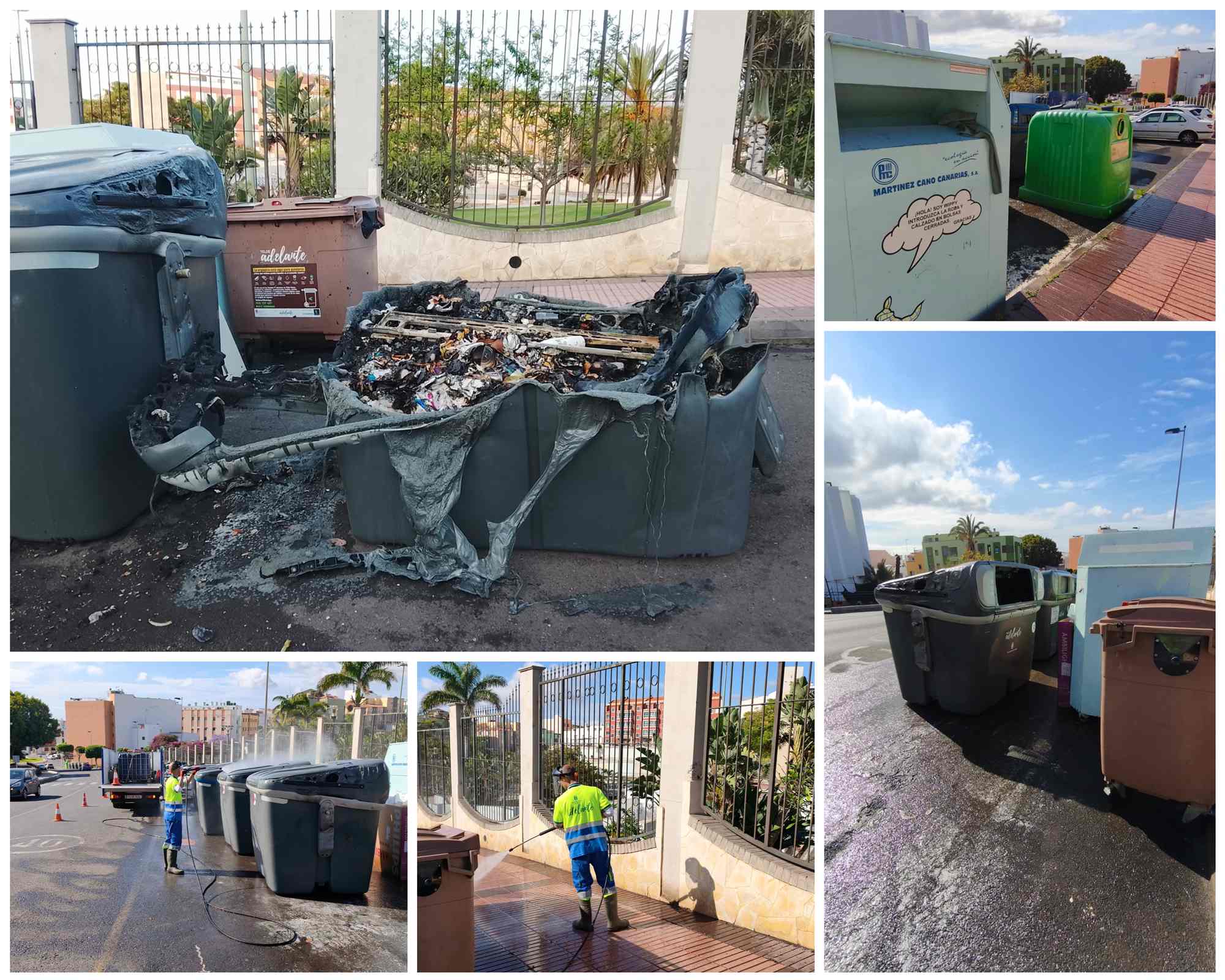 Imagen del contenedor quemado y de los trabajos de limpieza y reposici&oacute;n/TA.