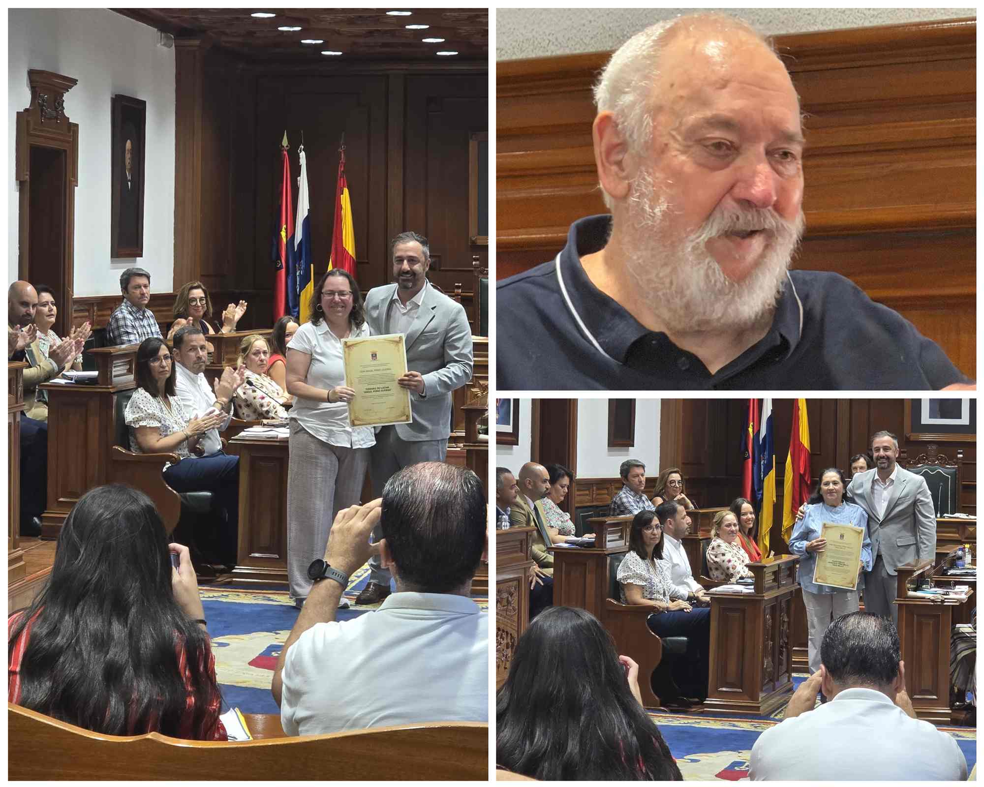 Momento de la entrega de los certificados durante la sesi&oacute;n plenaria. En la foto superiore derecha, &Aacute;ngel P&eacute;rez, en el sal&oacute;n de Plenos/TA.