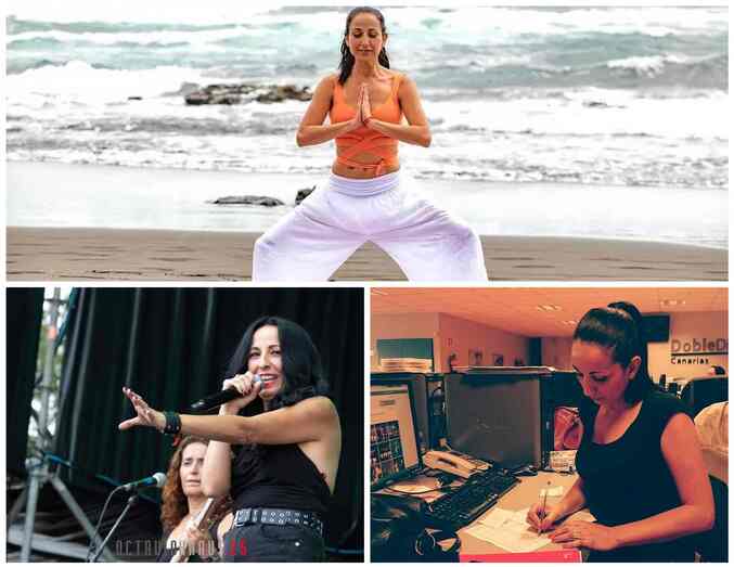 Elisa haciendo yoga en la playa de La Garita (Foto José Bringas), en un concierto y en la redacción de RTVC.