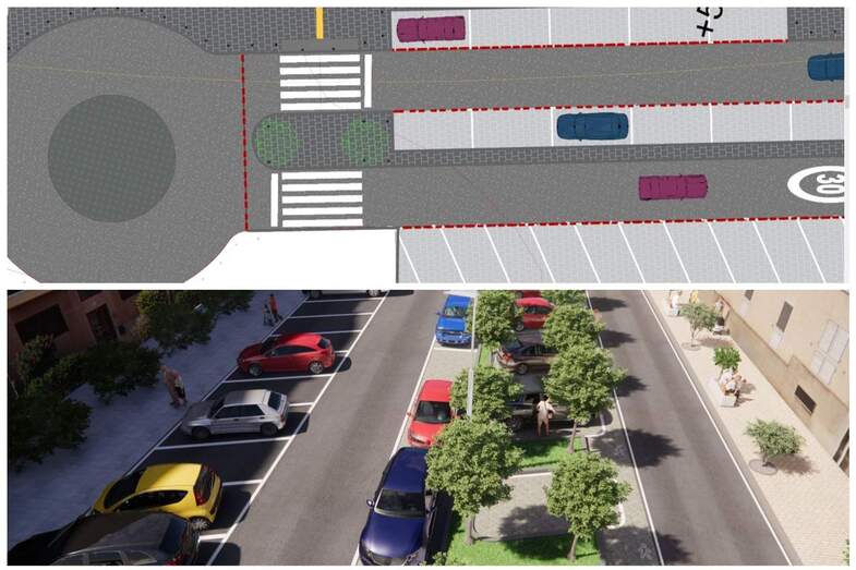 Plano del proyecto aprobado (superior) e infografía divulgada hoy por el vicealcalde con notables diferencias en el diseño para la rambla actual/TA. Plano del proyecto aprobado (superior) e infografía divulgada hoy por el vicealcalde con notables diferencias en el diseño para la rambla actual/TA.