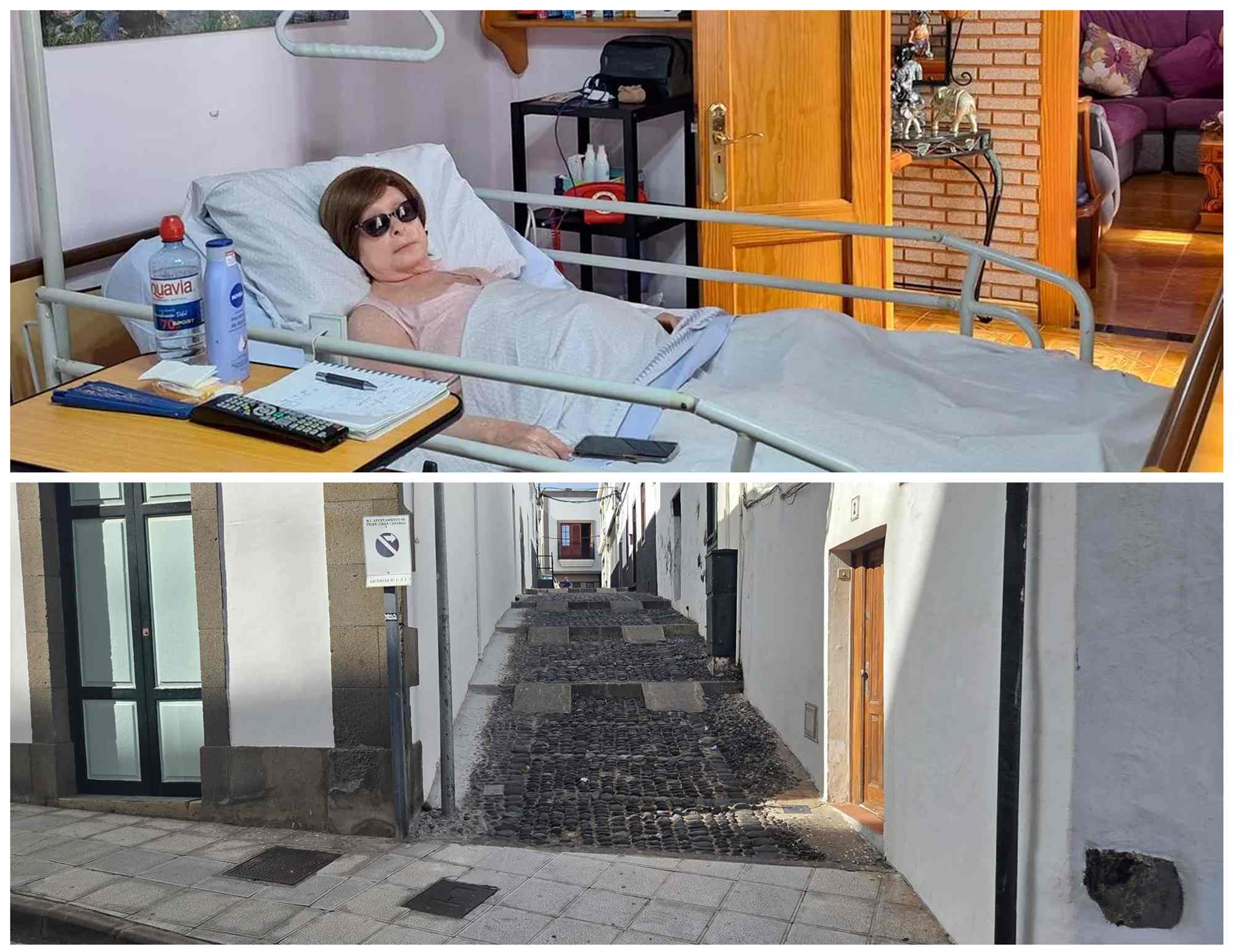 Olga Rivero convaleciente en su casa de la calle Unión y estado del empedrado de La Montañeta/LP y TA.